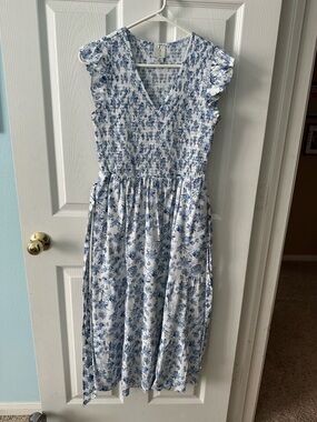 Joie Dress with White & Blue Floral Print and Smocked Bodice